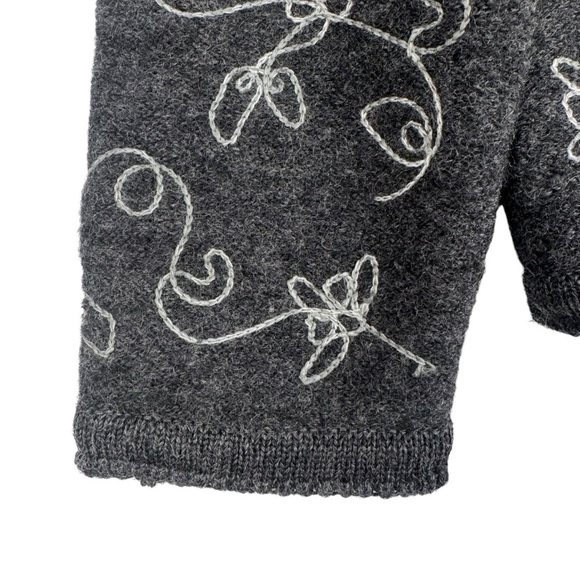 Tally Ho Cardigan Sweater Vintage 70s 80s Gray 100% Wool Embroidered Size M - Picture 2 of 7